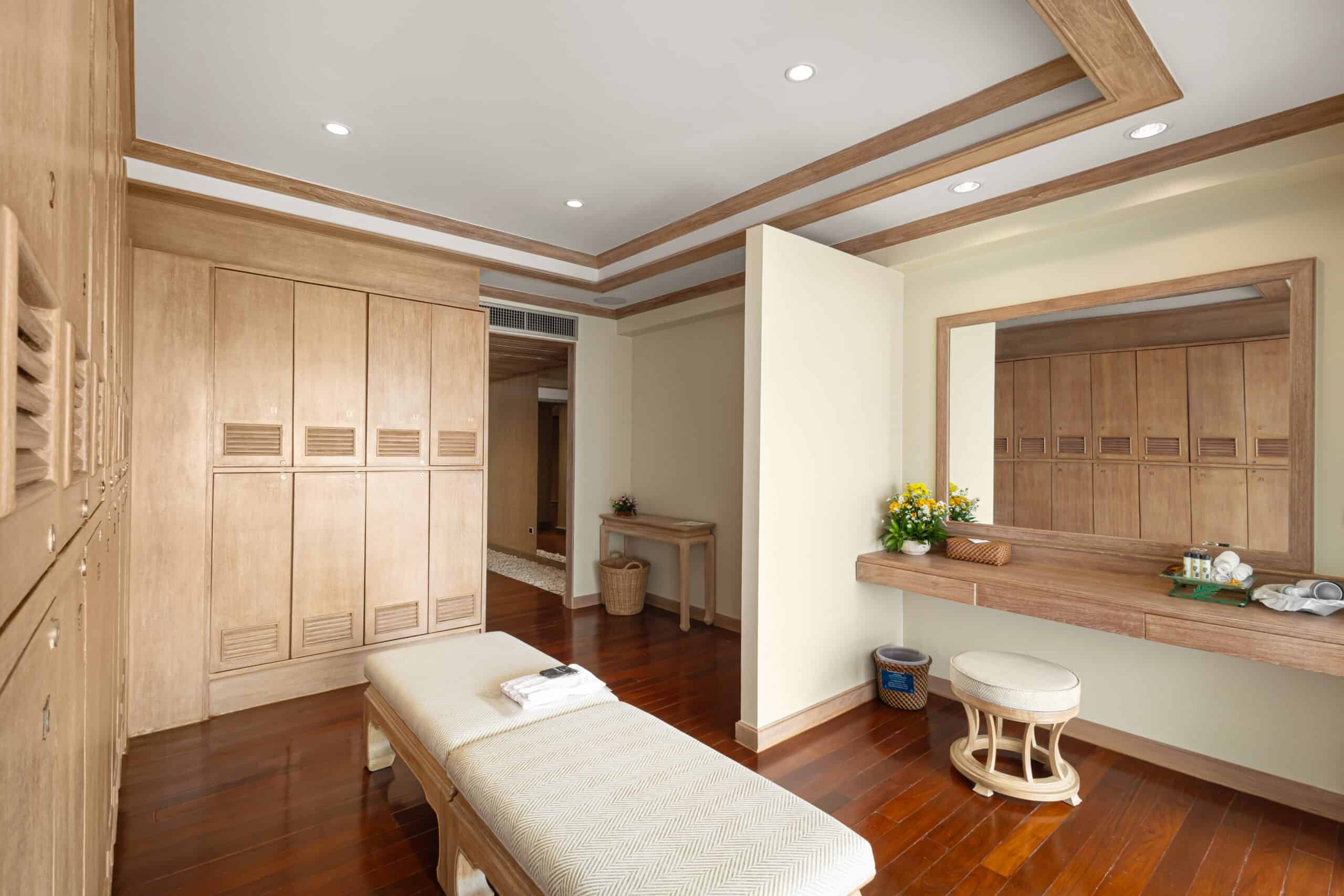 Locker Room with towels, robes, slippers and toiletries